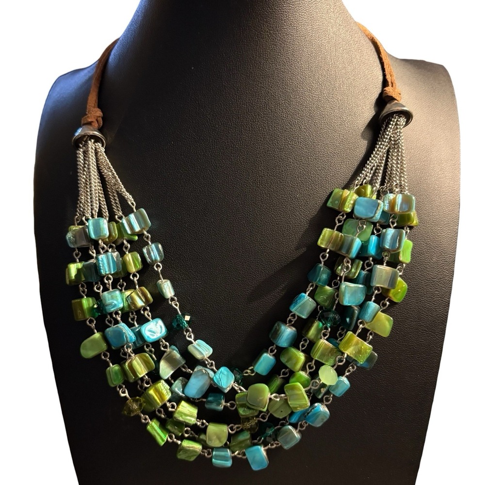 Blue Greed Dyed Abalone Shell Multistrand Statement Necklace Brown Leather Cord